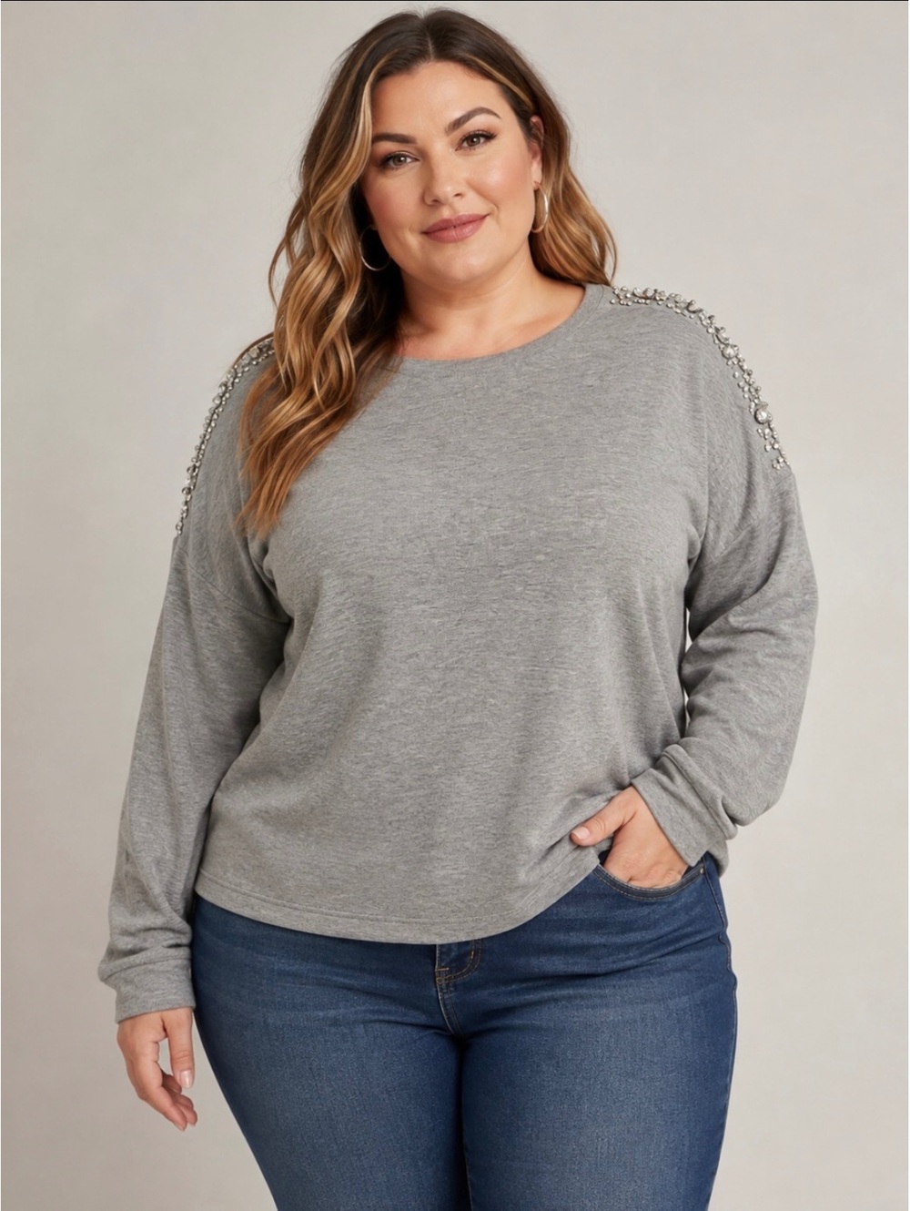 Liz Claiborne Grey Sweatshirt With Jeweled Shoulder Accents Women’s Size XL